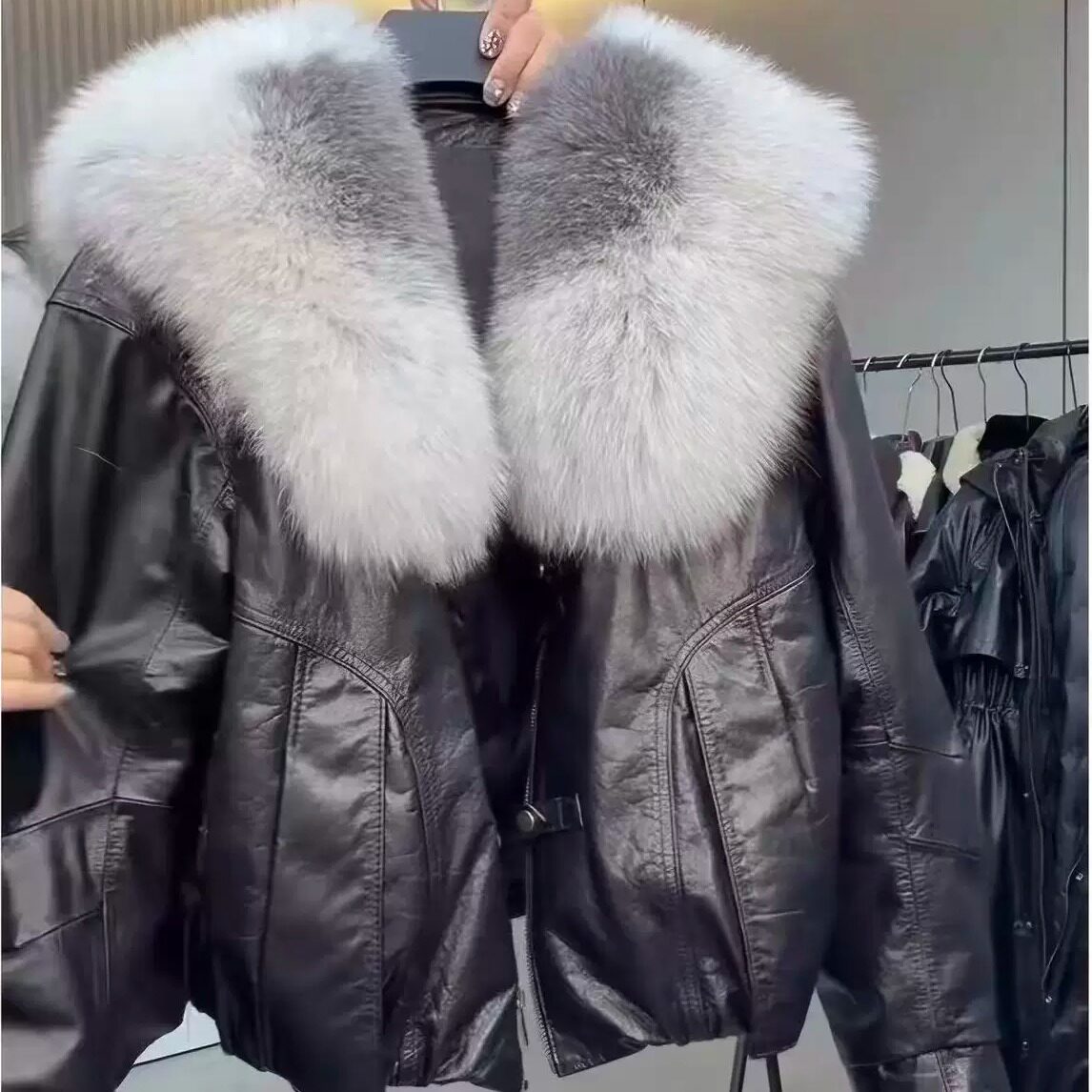 女短款狐狸毛领真皮皮衣