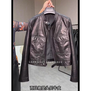 新款真皮皮衣女牛皮短款拉链款双兜油蜡皮机车风长袖外套皮夹克