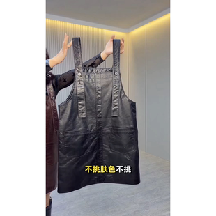 2026春新款真皮背带裙女中长款修身显瘦百搭无袖简约休闲连衣皮裙