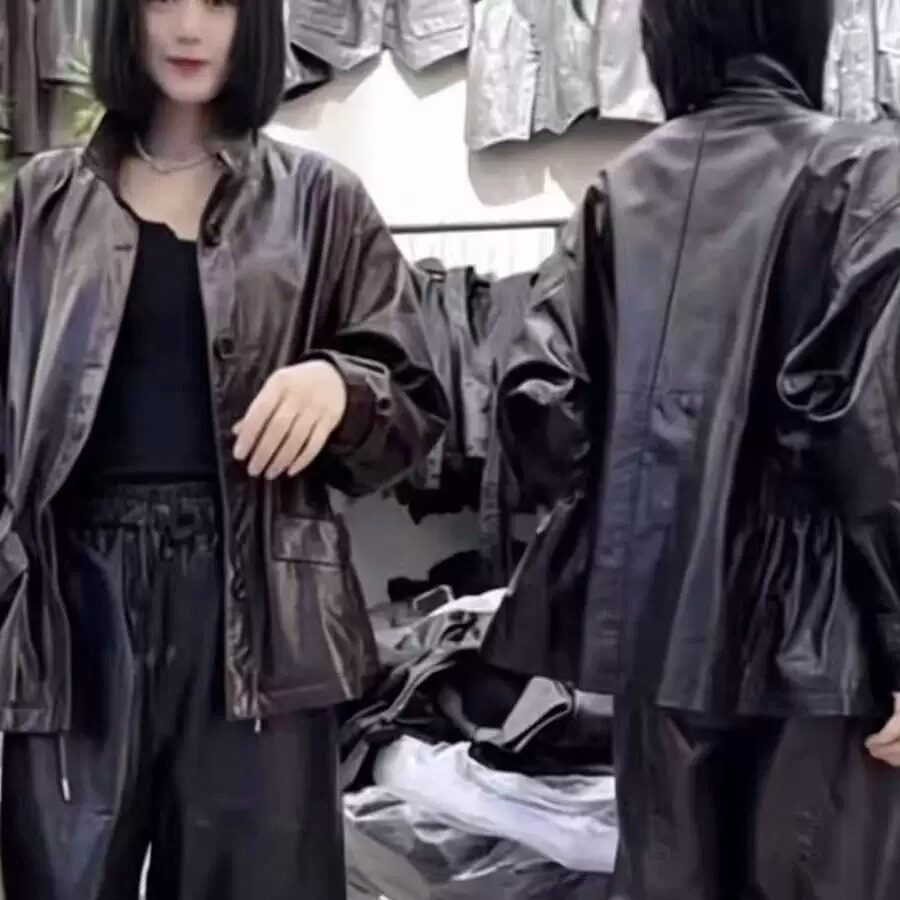 黑色真皮立领中长显瘦皮衣女款