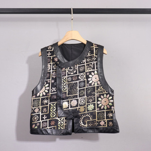 时尚新中式刺绣拼接真皮马甲女短款无袖黑色高级感复古气质外套