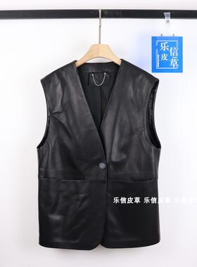 简约无领廓形皮马甲外套