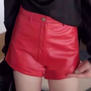 时尚新款真皮短裤女款绵羊皮百搭显瘦气质高腰直筒阔腿裤休闲皮裤