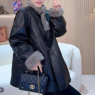 时尚新款真皮女牛皮油蜡皮水貂毛领中长款洋气保暖羽绒服皮衣外套