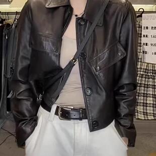 小然同款真皮翻领外套女绵羊皮短款高腰修身网红同款小个子皮衣