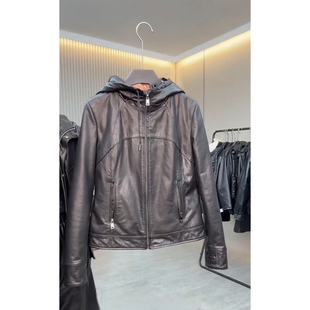 新款时尚真皮皮衣女款绵羊皮连帽拉链修身短款机车服百搭显瘦外套