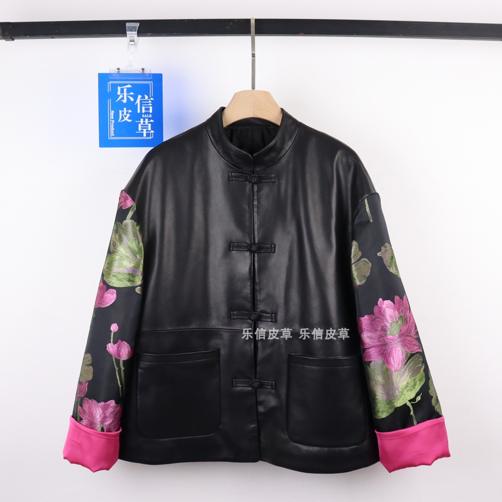 刺绣花常规夹克海宁真皮立领宽松