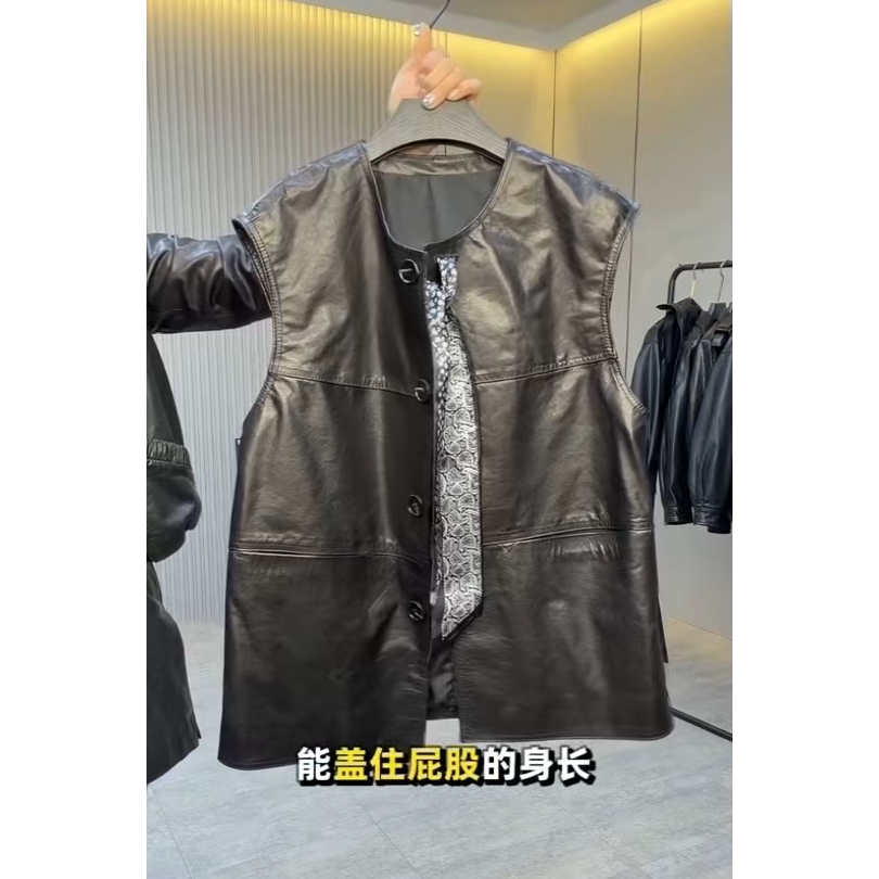 2026时尚新款真皮无袖马甲女黑色宽松百搭显瘦皮背心休闲圆领坎肩