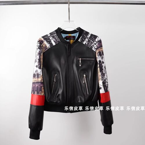 羊皮真皮皮衣拼布圆领休闲短款