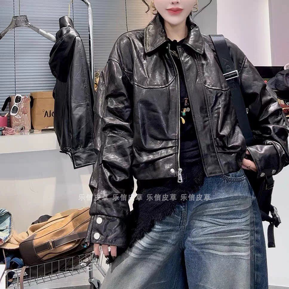 真皮新款皮衣女绵羊皮时尚修身翻领百搭小众短款洋气褶皱设计外套