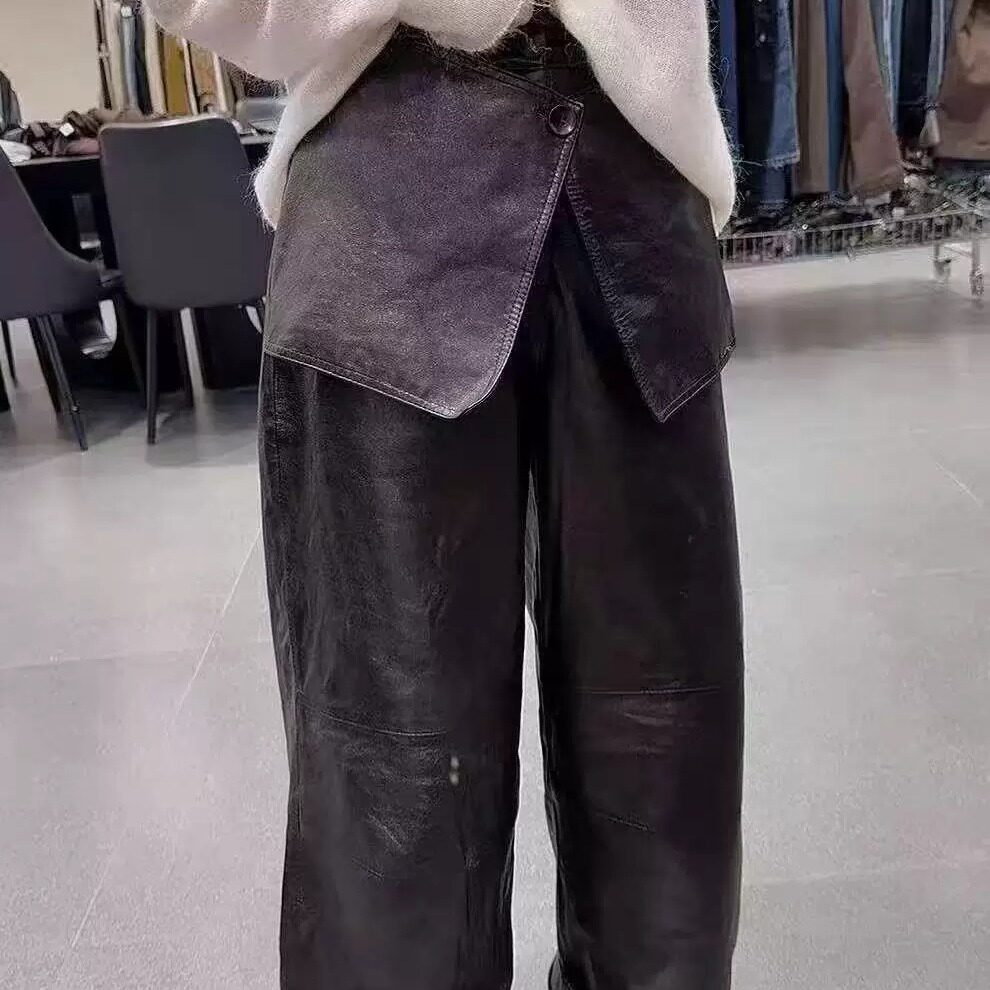 黑色中长款宽松腰带酷飒皮裤女
