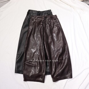 休闲直筒高腰松紧腰显瘦皮裤 真皮新款 时尚 气质百搭皮裤 绵羊皮女款