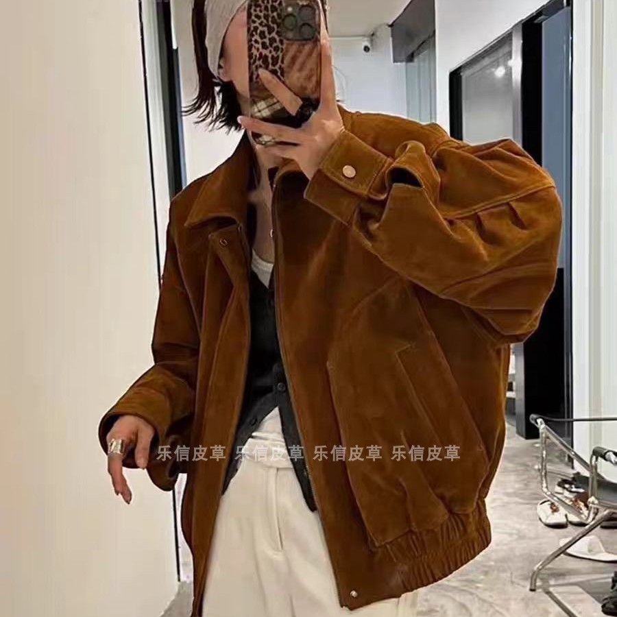 时尚百搭反绒皮翻领修身显瘦夹克