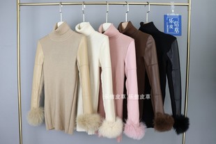 高领打底衫 显瘦时尚 女皮袖 口狐狸毛修身 百搭潮流新 加棉袖 秋冬新款