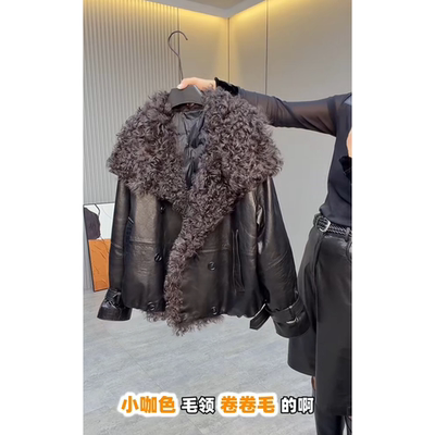 真皮复古风羊毛领油蜡皮短款长袖皮衣女双排扣保暖鹅绒显瘦外套