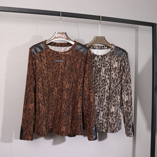 时尚真皮拼皮复古豹纹风垫肩长袖上衣女款宽松显瘦百搭小众打底衫