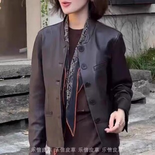 真皮新款皮衣女绵羊皮单排扣时尚翻领百搭显瘦气质皮夹克上衣外套