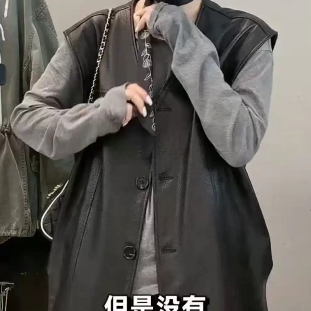 真皮黑色女中长款显瘦马甲