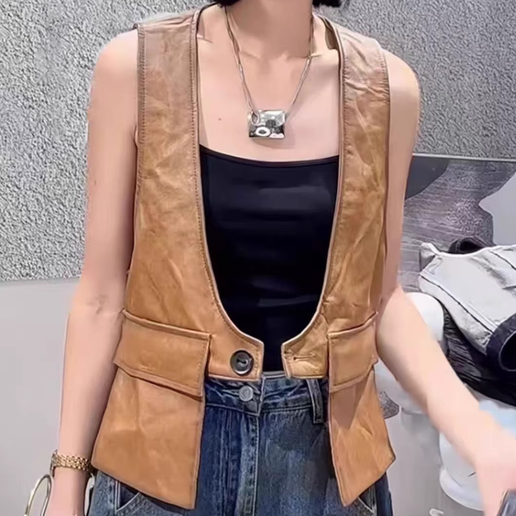 无袖真皮马甲新款绵羊皮V领马甲