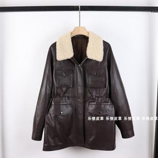 中长保暖大衣女外套2024新款绵羊皮真皮棉服油蜡皮外套收腰超显瘦