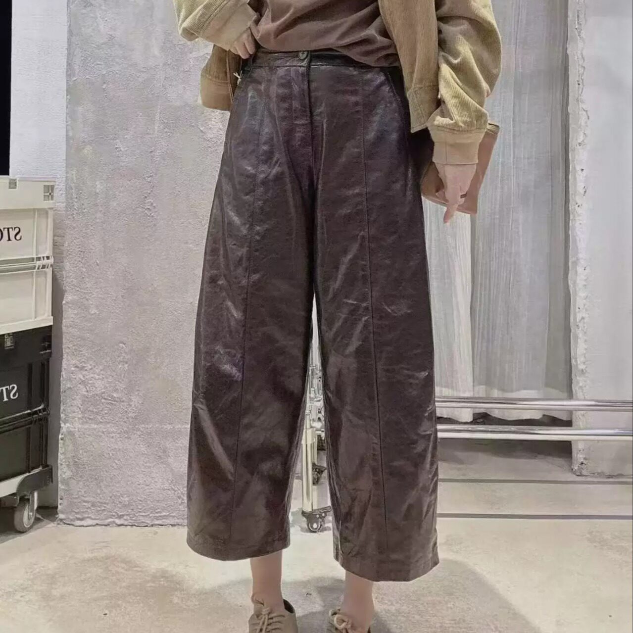 极简高腰阔腿真皮显瘦女皮裤