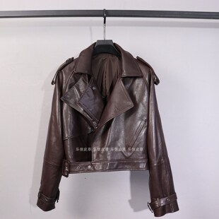 气质复古机车风真皮皮衣女短款翻领显瘦时尚收腰百搭皮夹克外套