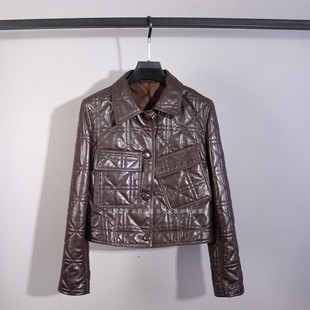 秋冬新款真皮绵羊皮皮衣女加棉格菱纹洋气爆款时尚棉服夹克外套