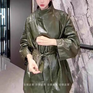 时尚新款真皮皮衣女绵羊皮气质腰带款修身显瘦中长款皮风衣外套