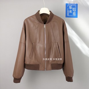 新款 立领拉链绵羊皮宽松休闲机车外套夹克 真皮宽松皮衣女秋冬新款