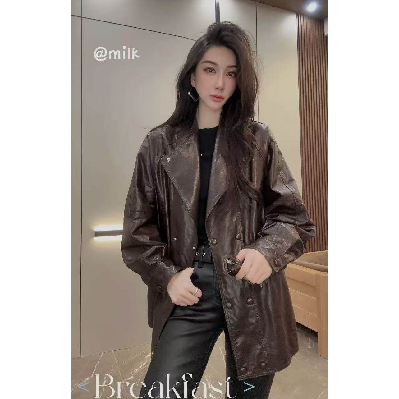 春季新款真皮中长款收腰皮衣女