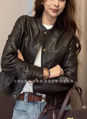 时尚新款真皮皮衣女绵羊皮百搭显瘦气质短款单排扣皮夹克长袖外套