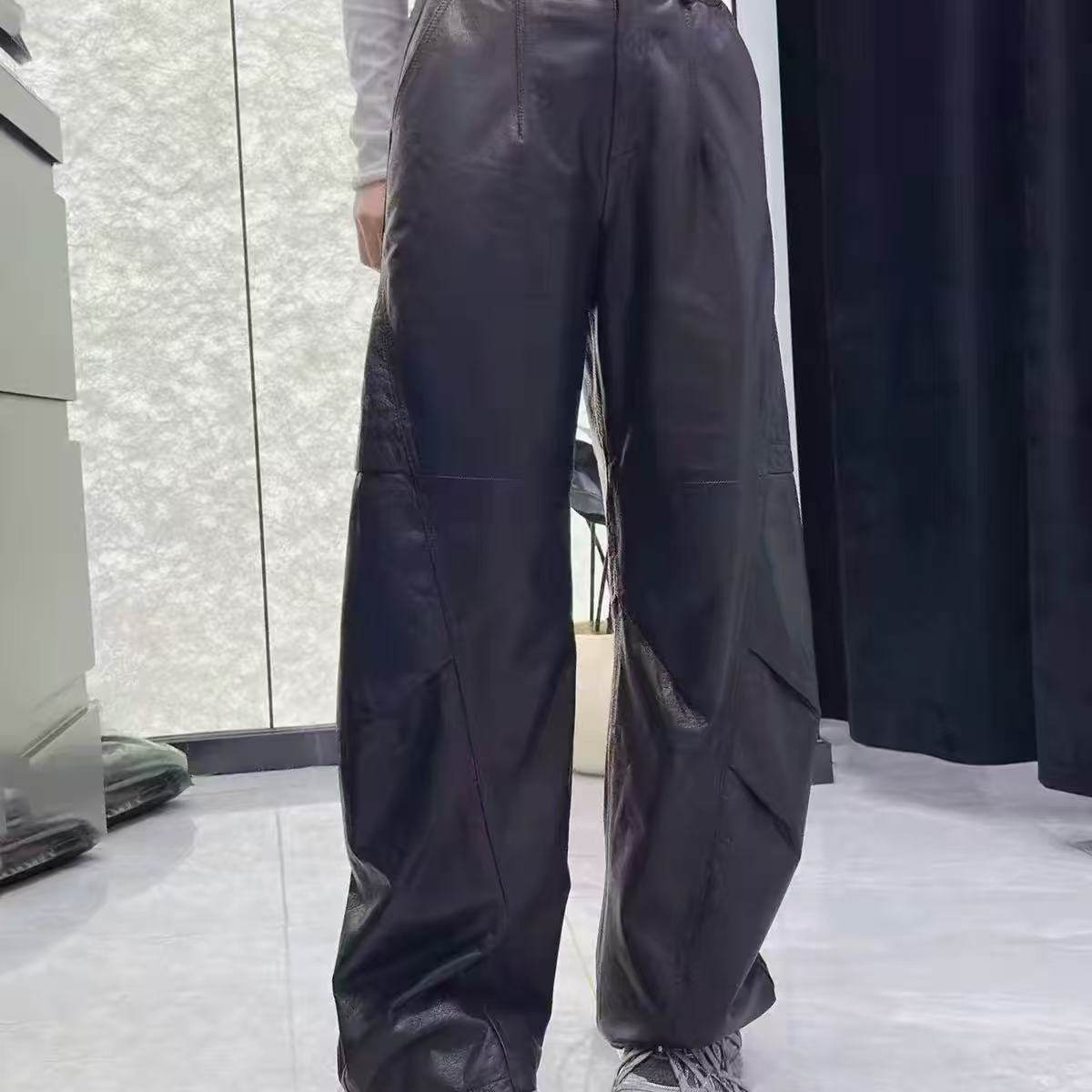 美式复古油蜡小牛皮阔腿皮裤女