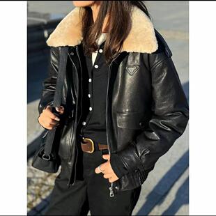 2024秋冬女士真皮衣飞行服廓形口袋皮夹克外套绵羊皮上衣休闲百搭