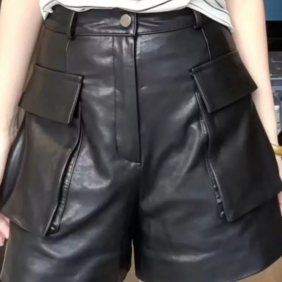酷感休闲真皮高腰显瘦皮短裤女