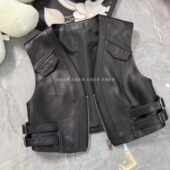 马夹拉链修身 无袖 显瘦外套 绵羊皮马夹真皮时髦短款 百搭坎肩新款