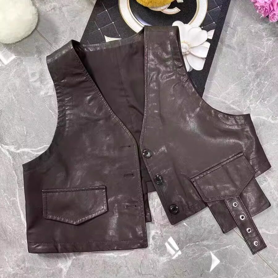 真皮新款马甲女绵羊皮无袖百搭V领显瘦马夹短款气质修身坎肩外套