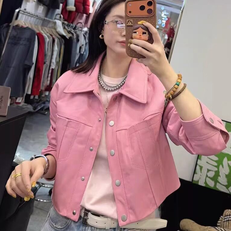 春季新款时尚真皮粉色绵羊皮短款皮衣女翻领长袖休闲风显瘦外套