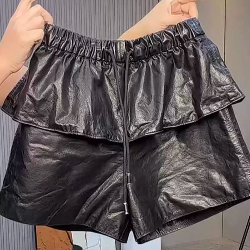 黑色真皮蛋糕短裤女显瘦百搭