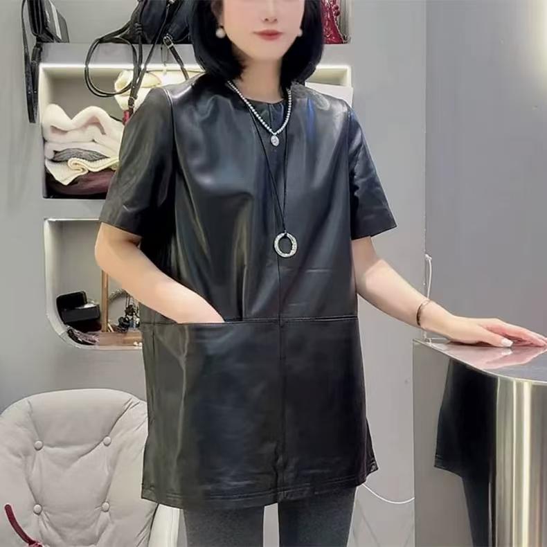 2025秋冬新款真皮皮衣外套女侧开叉中长款半袖百搭海宁羊皮连衣裙