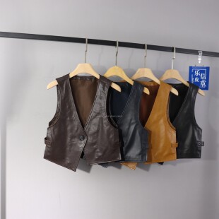 V领坎肩无袖皮衣皮马夹新款真皮马甲女休闲短款绵羊皮潮时尚百搭