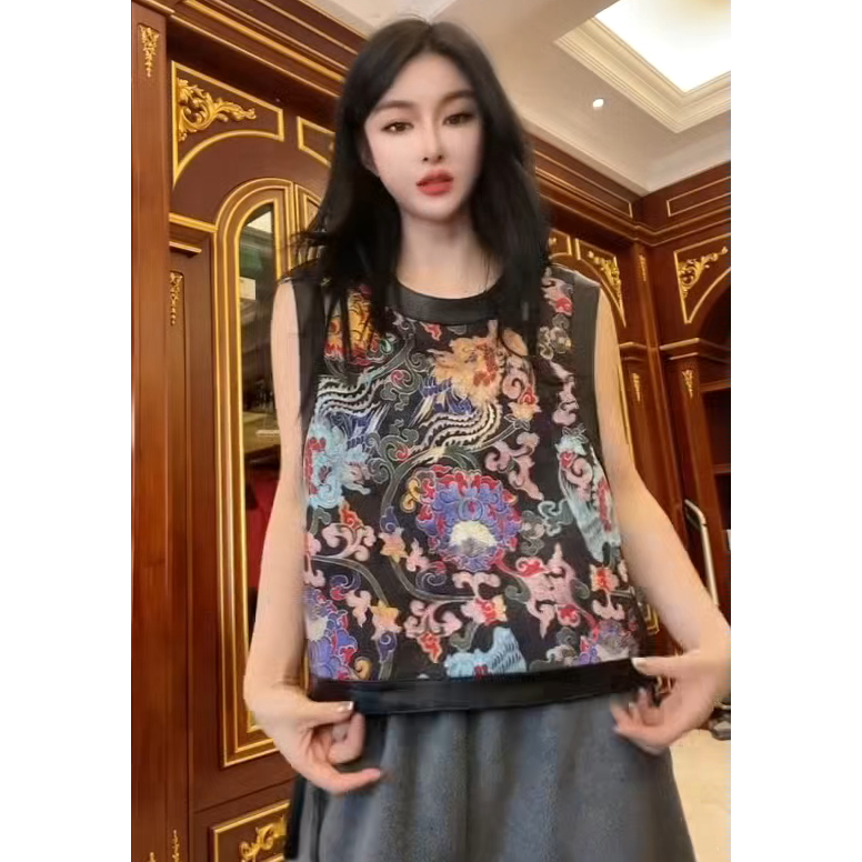 时尚新中式真皮马甲短款无袖圆领绵羊皮拼接刺绣国风复古坎肩上衣