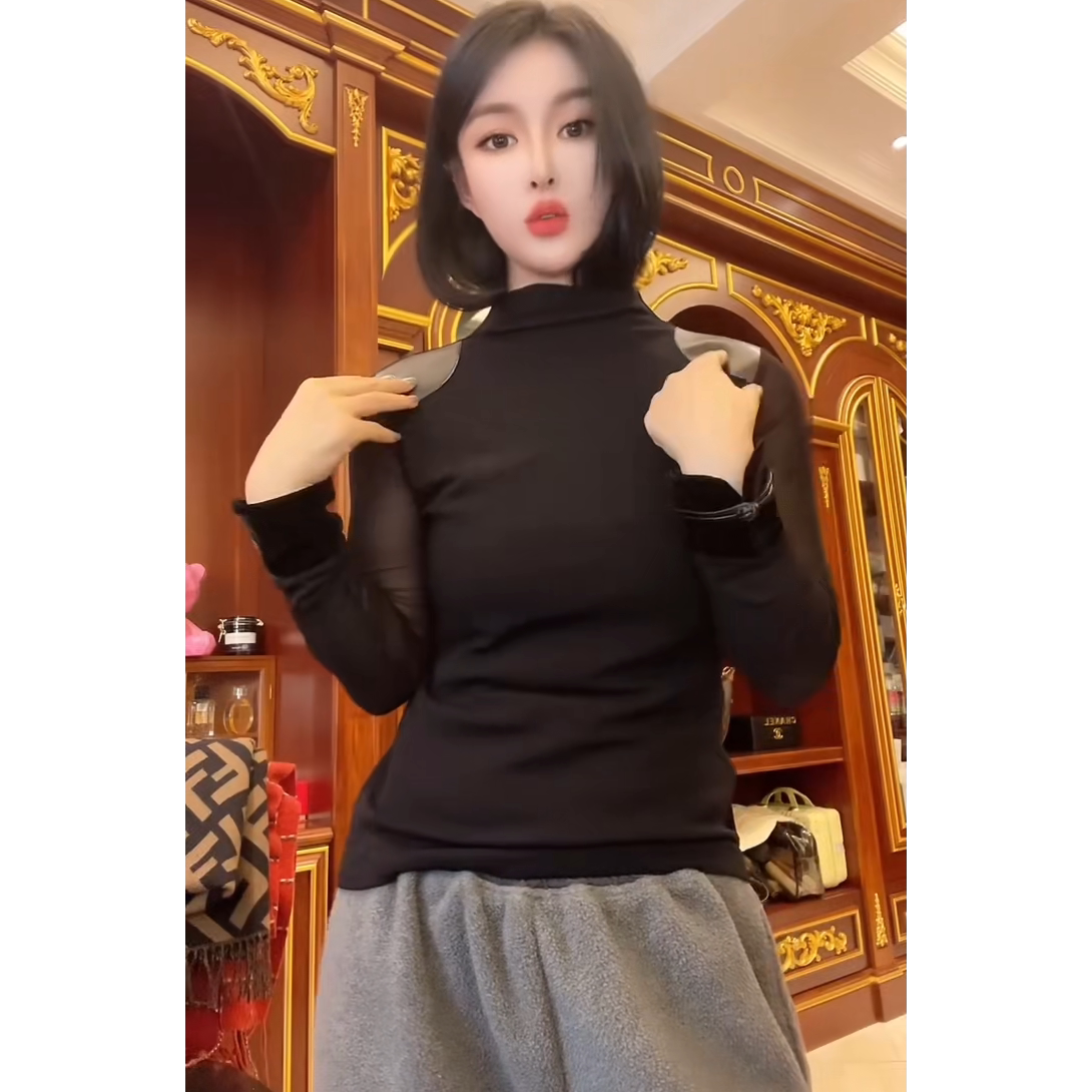 高领羊皮拼皮短款修身打底衫女