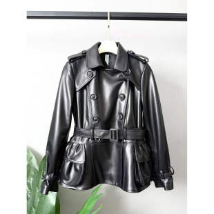 黑色休闲长袖 真皮皮衣女双排扣收腰腰带显瘦修身 外套 新款 2026春季