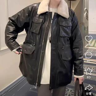 机车服中长款真皮绵羊皮羊羔毛领加棉保暖外套收腰显瘦休闲秋冬款