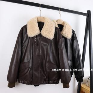 陈太太同款休闲外套羽绒服女宽松显瘦羊羔毛领真皮皮衣绵羊皮冬季