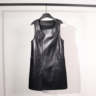 时尚真皮绵羊皮连衣裙女无袖背心裙修身显瘦A字中长款休闲马甲裙