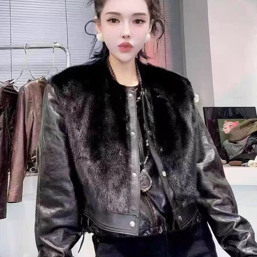 秋冬新款真皮貂皮马甲女短款皮毛一体水貂毛圆领宽松保暖百搭外套