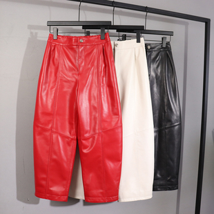 新款女款真皮皮裤女时尚百搭松紧腰阔腿裤宽松高腰显瘦哈伦九分裤
