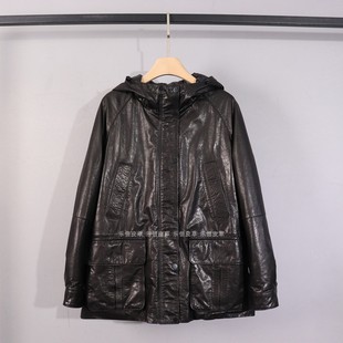 冬季新款真皮皮衣女款油蜡皮中长款外套高级感宽松休闲连帽羽绒服