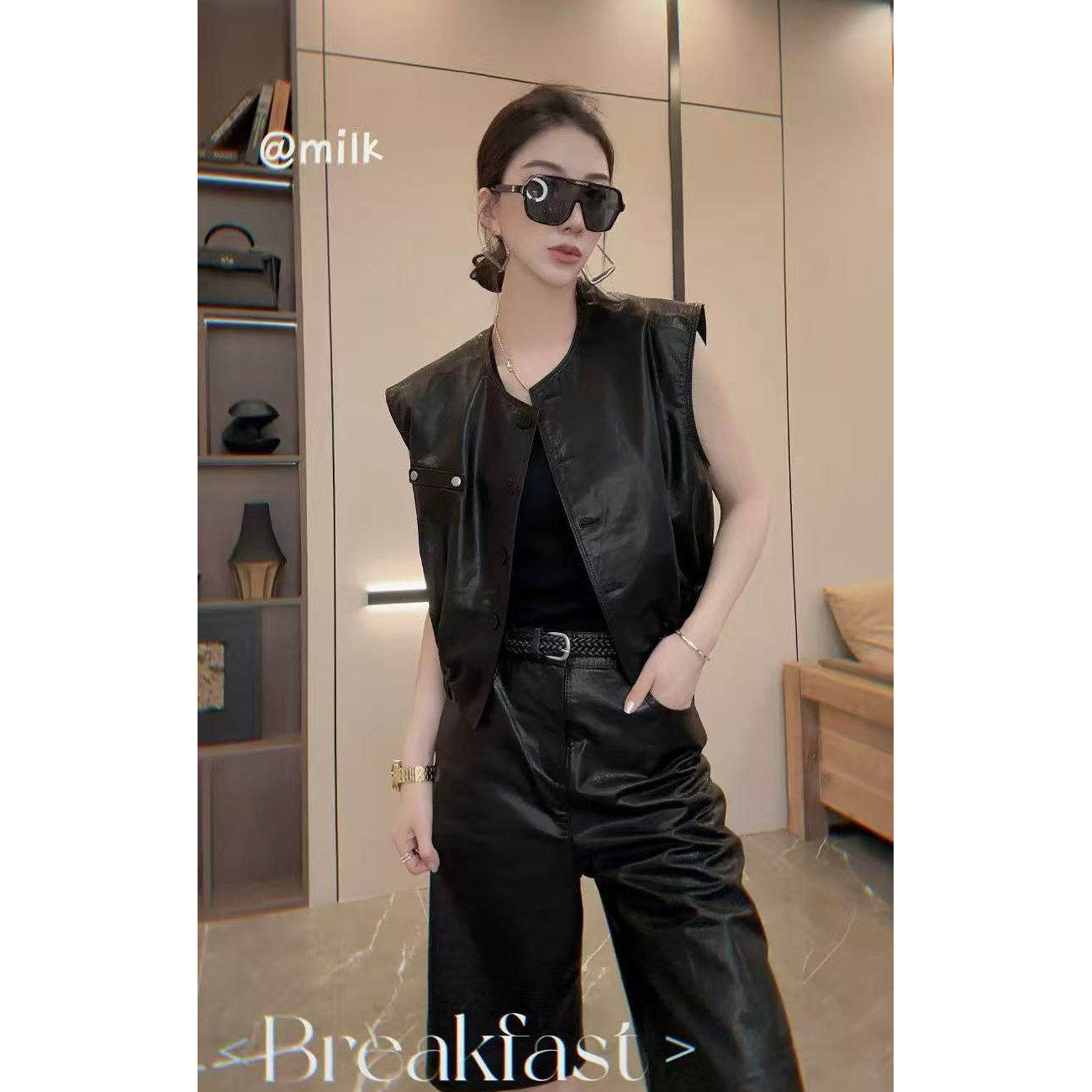 春季新款复古真皮皮衣女短款马甲无袖外套时尚休闲显瘦百搭套装